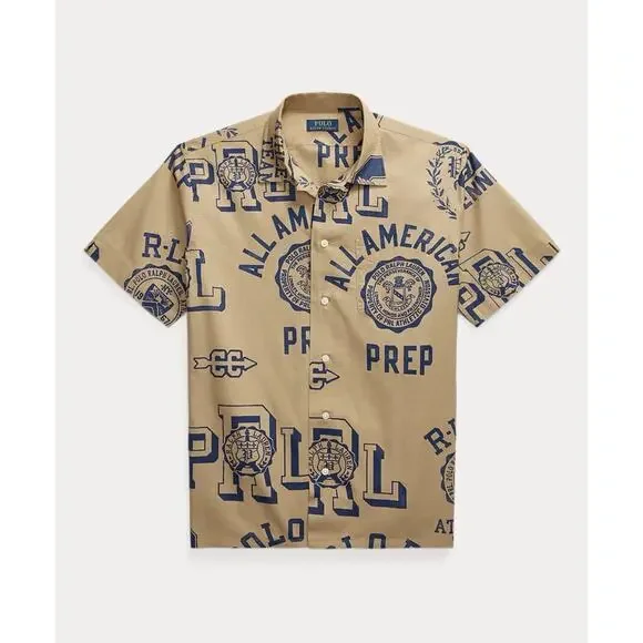 NWT Polo by Ralph Lauren Linen Camp Shirt Size Medium American Prep Spellout‎